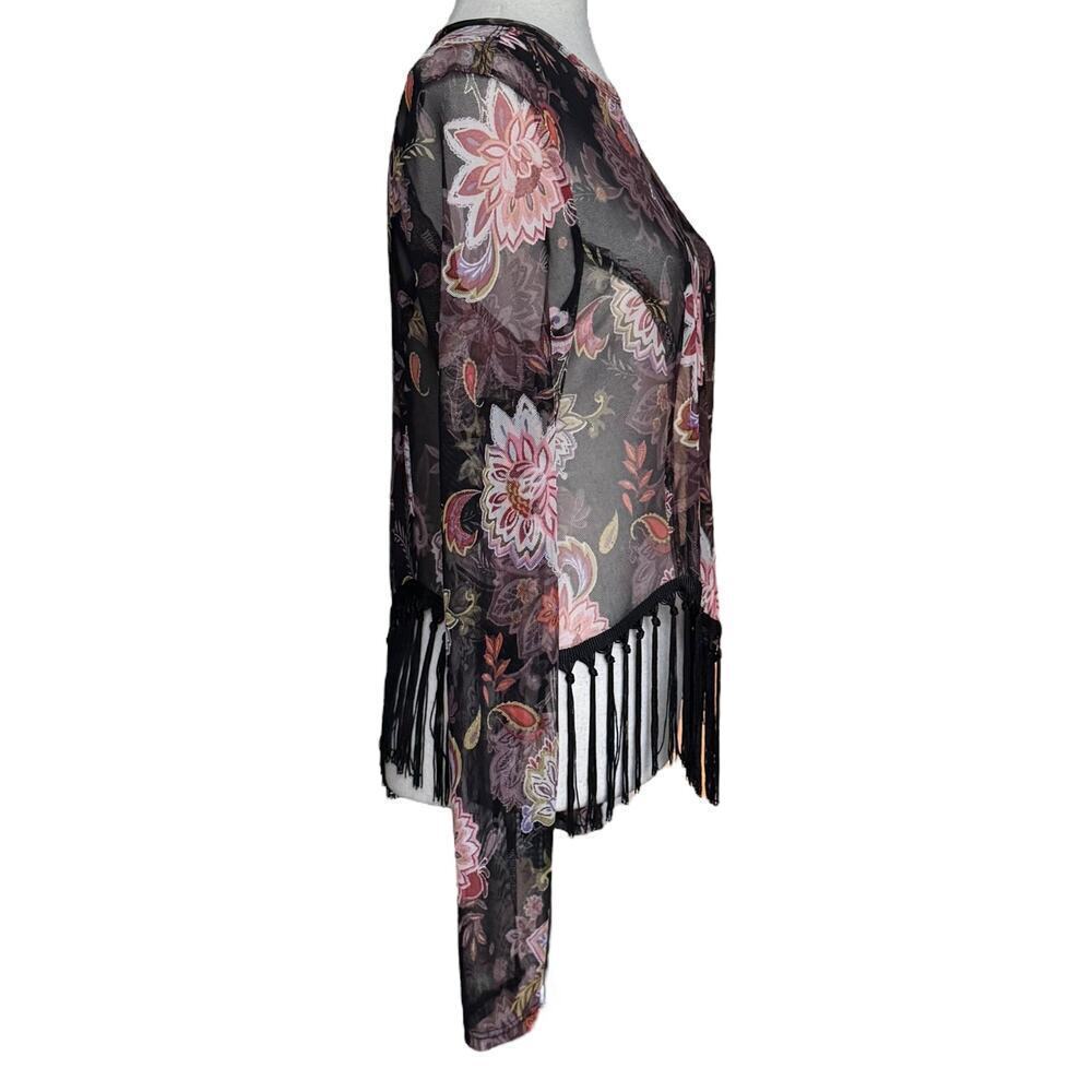 Nouvida Sheer Floral Print Mesh Top Fringe Hem Boho Festival NWT Wmn’s Lg. - Picture 2 of 7